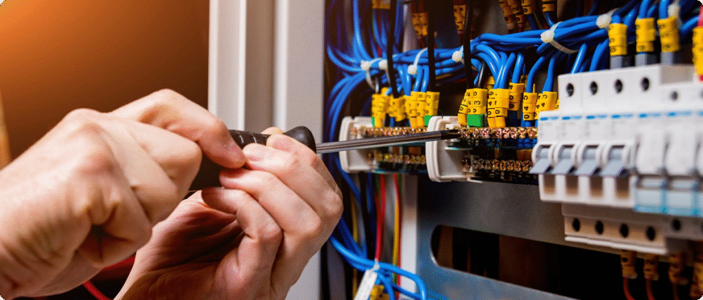 Electrician using a screwdriver to work on a circuit panel with colorful wiring, highlighting the importance of electrical inspections and upgrades for home safety.